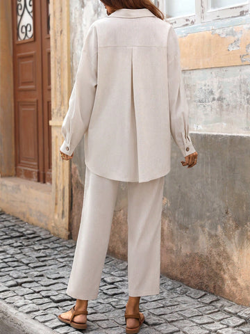 Casual Comfortable Linen Color Shirt And Pants Two Piece Set
