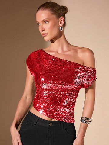 BAE Casual Sexy Asymmetric Asymmetrical Shoulder Women's Beaded Hem Party Top