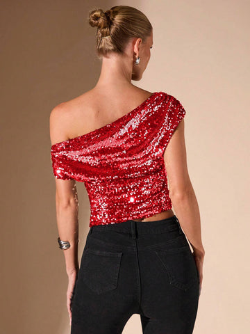 BAE Casual Sexy Asymmetric Asymmetrical Shoulder Women's Beaded Hem Party Top