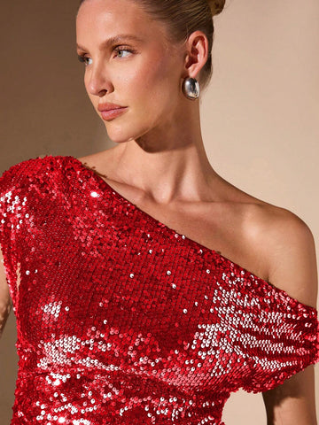 BAE Casual Sexy Asymmetric Asymmetrical Shoulder Women's Beaded Hem Party Top