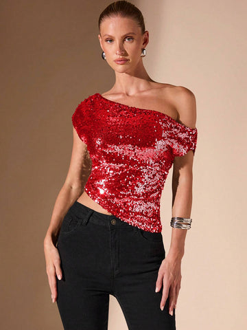 BAE Casual Sexy Asymmetric Asymmetrical Shoulder Women's Beaded Hem Party Top