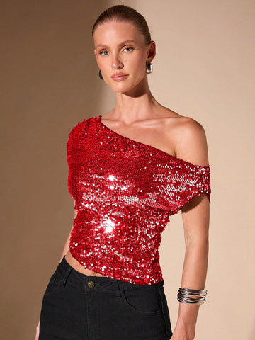 BAE Casual Sexy Asymmetric Asymmetrical Shoulder Women's Beaded Hem Party Top