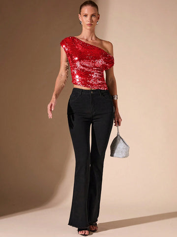 BAE Casual Sexy Asymmetric Asymmetrical Shoulder Women's Beaded Hem Party Top