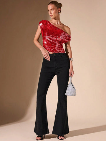 BAE Casual Sexy Asymmetric Asymmetrical Shoulder Women's Beaded Hem Party Top