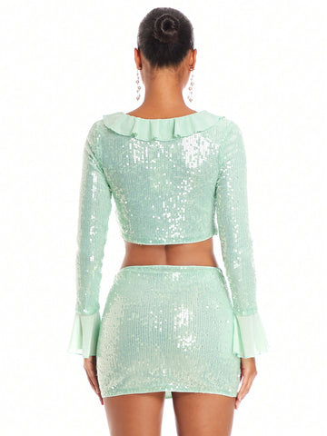 Christmas Women's Glittery Ruffle Hem Top And Mini Skirt Set