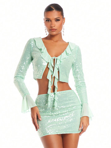 Christmas Women's Glittery Ruffle Hem Top And Mini Skirt Set