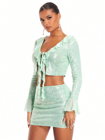 Christmas Women's Glittery Ruffle Hem Top And Mini Skirt Set