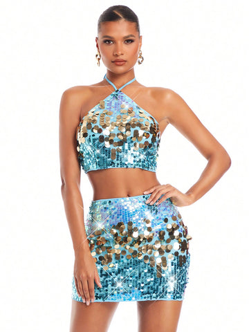Christmas Women's Sexy Glittery Halter Top And Mini Skirt Set