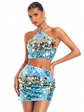 Christmas Women's Sexy Glittery Halter Top And Mini Skirt Set