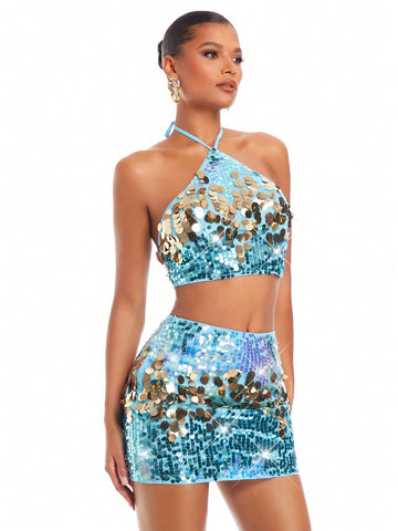 Christmas Women's Sexy Glittery Halter Top And Mini Skirt Set