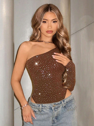 Coffee Seamless One-Shoulder Asymmetrical Bodysuit With Diamonds, Great For Summer, Sexy Stockings, Country Concerts, Rave Festivals, Y2K, Women's Concert Outfits