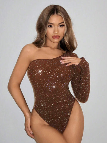 Coffee Seamless One-Shoulder Asymmetrical Bodysuit With Diamonds, Great For Summer, Sexy Stockings, Country Concerts, Rave Festivals, Y2K, Women's Concert Outfits