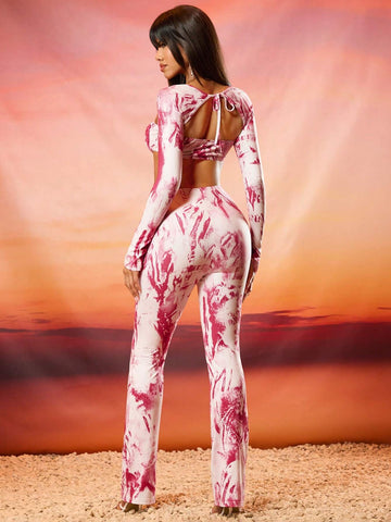 Color Block Cropped Long Sleeve Top With Open Back And Flared Trousers