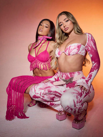 Color Block Cropped Long Sleeve Top With Open Back And Flared Trousers