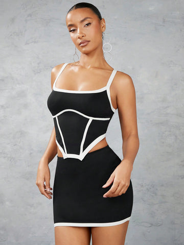 Color Block Edge Embellished Irregular Hem Strappy Tank Top And Bodycon Skirt With Color Block Edge Embellished