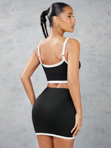 Color Block Edge Embellished Irregular Hem Strappy Tank Top And Bodycon Skirt With Color Block Edge Embellished