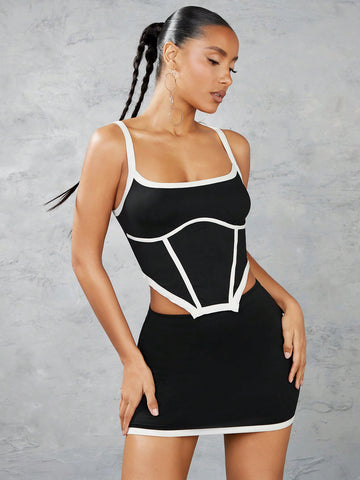 Color Block Edge Embellished Irregular Hem Strappy Tank Top And Bodycon Skirt With Color Block Edge Embellished