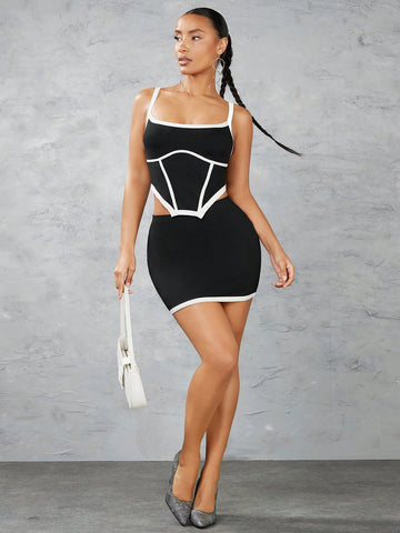 Color Block Edge Embellished Irregular Hem Strappy Tank Top And Bodycon Skirt With Color Block Edge Embellished