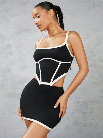 Color Block Edge Embellished Irregular Hem Strappy Tank Top And Bodycon Skirt With Color Block Edge Embellished