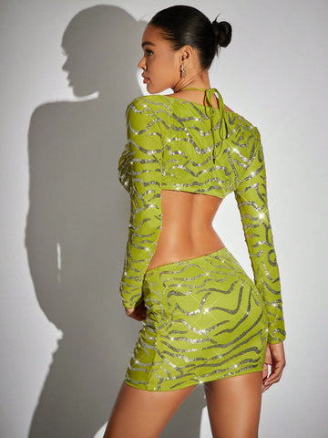 Contrast Sequin Crop Halter Top & Bodycon Skirt