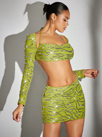 Contrast Sequin Crop Halter Top & Bodycon Skirt