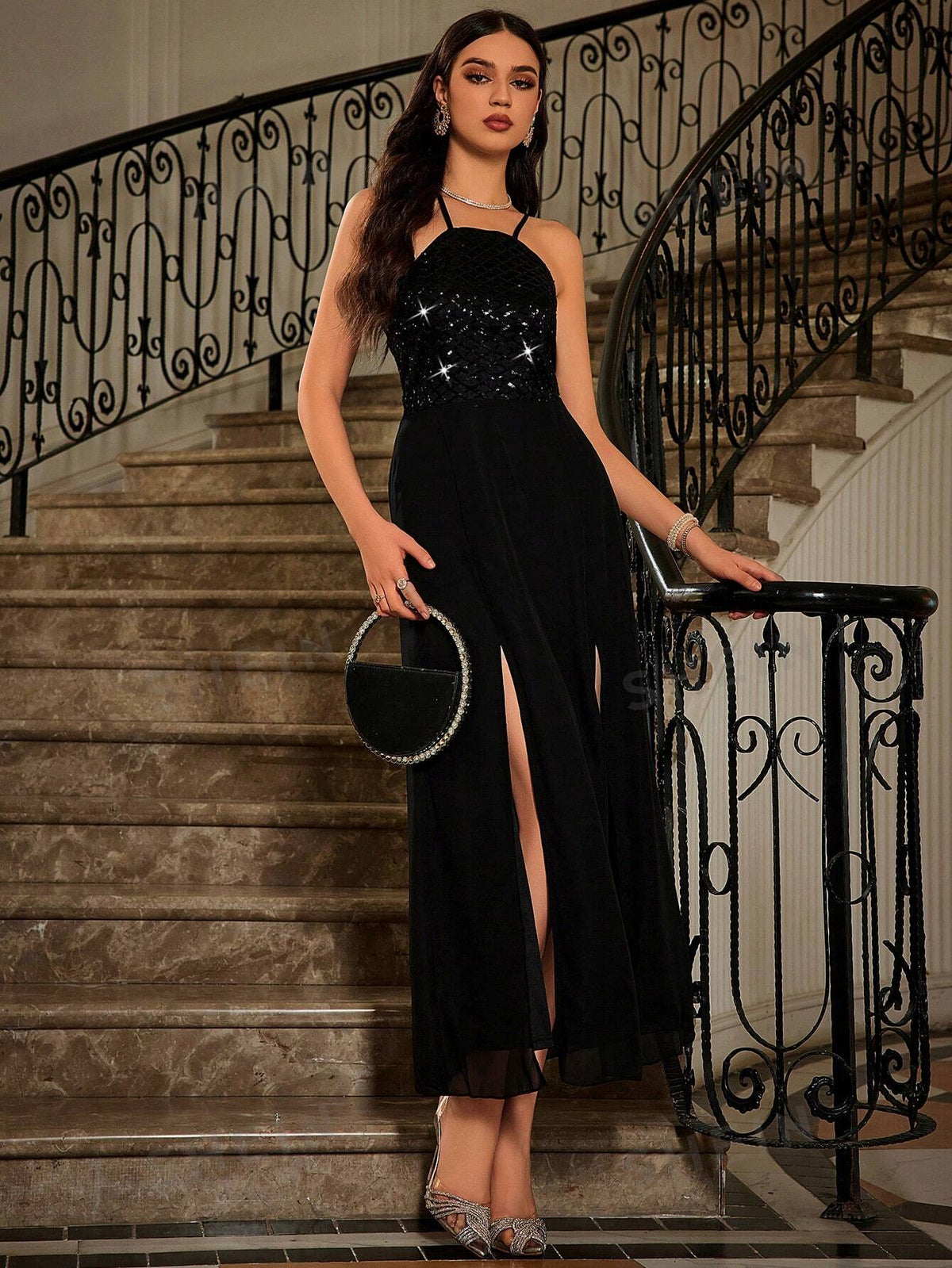 Contrast Sequin Split Thigh Chiffon Bridesmaid Dress