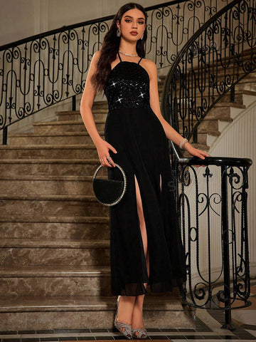 Contrast Sequin Split Thigh Chiffon Bridesmaid Dress