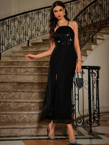 Contrast Sequin Split Thigh Chiffon Bridesmaid Dress