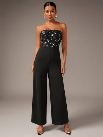 Contrast Sequin Wide Leg Tube Jumpsuit
