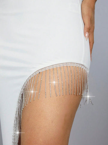 Crop Cami Top And Asymmetrical Skirt Set, Featuring Rhinestone Fringe Hemline Detail