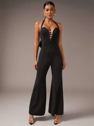 Cut Out Front Flare Leg Halter Jumpsuit