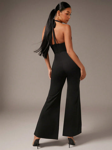 Cut Out Front Flare Leg Halter Jumpsuit