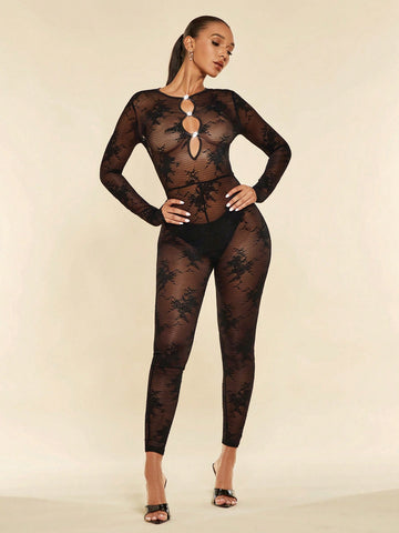 Cut Out Front Lace Unitard Jumpsuit Without Lingerie Set