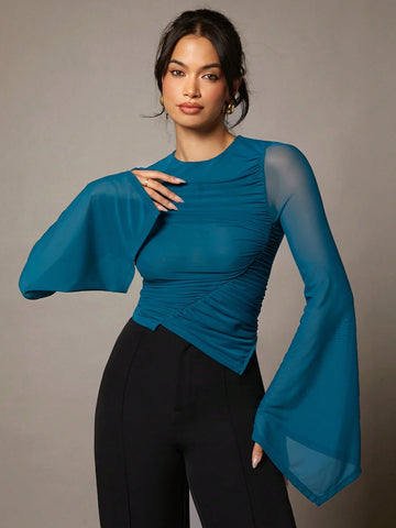Dark Green Round Neck Pleated Asymmetric Large Trumpet Long Sleeve Mesh Women's Top