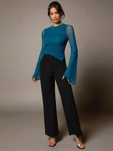 Dark Green Round Neck Pleated Asymmetric Large Trumpet Long Sleeve Mesh Women's Top