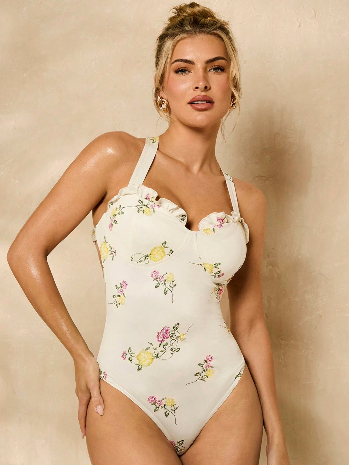 Ditsy Floral Ruffle Hem Bustier Strap Backless Women's Bodysuit