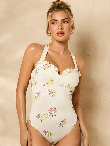 Ditsy Floral Ruffle Hem Bustier Strap Backless Women's Bodysuit
