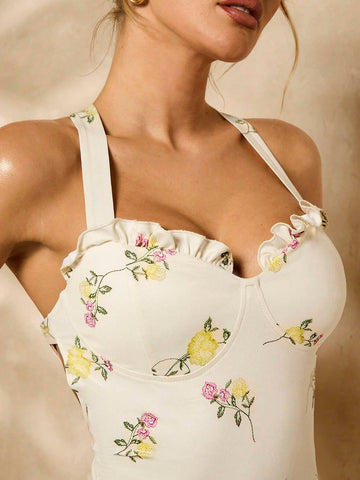 Ditsy Floral Ruffle Hem Bustier Strap Backless Women's Bodysuit