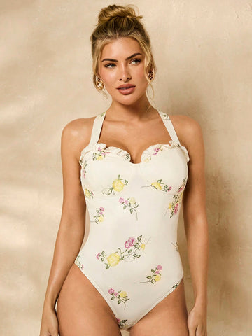 Ditsy Floral Ruffle Hem Bustier Strap Backless Women's Bodysuit