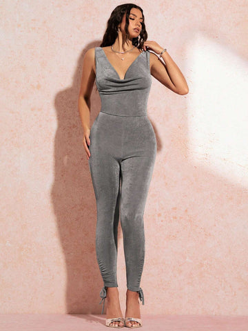 Draped Collar Knot Hem Unitard Jumpsuit