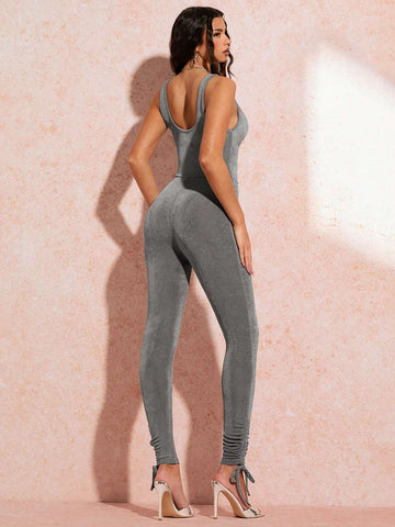 Draped Collar Knot Hem Unitard Jumpsuit