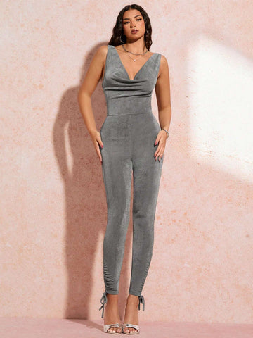 Draped Collar Knot Hem Unitard Jumpsuit