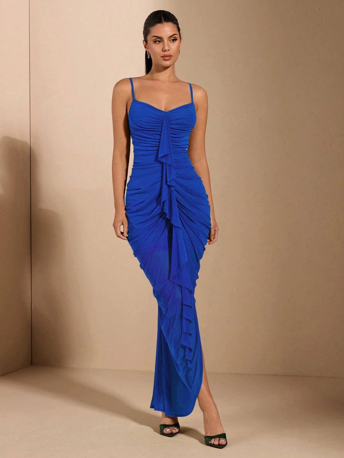 Elegant And Sexy Long Women's Dress With Ruched And Ruffled Front Panel Design