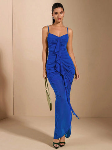 Elegant And Sexy Long Women's Dress With Ruched And Ruffled Front Panel Design