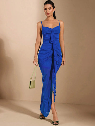 Elegant And Sexy Long Women's Dress With Ruched And Ruffled Front Panel Design