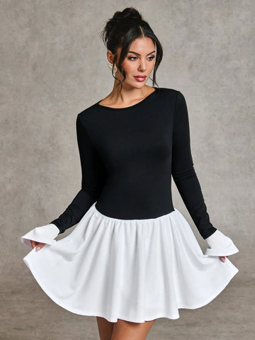 Elegant Black And White Contrast Color Long Sleeve Dress, Suitable For Daily Date, Travel, Nightclub
