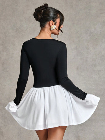 Elegant Black And White Contrast Color Long Sleeve Dress, Suitable For Daily Date, Travel, Nightclub