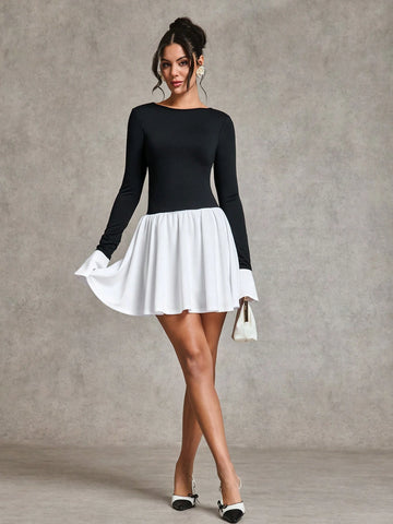 Elegant Black And White Contrast Color Long Sleeve Dress, Suitable For Daily Date, Travel, Nightclub