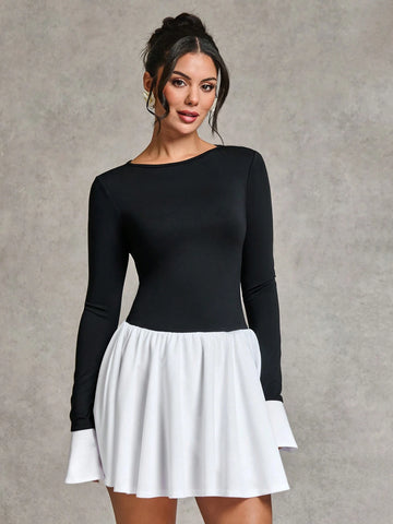 Elegant Black And White Contrast Color Long Sleeve Dress, Suitable For Daily Date, Travel, Nightclub