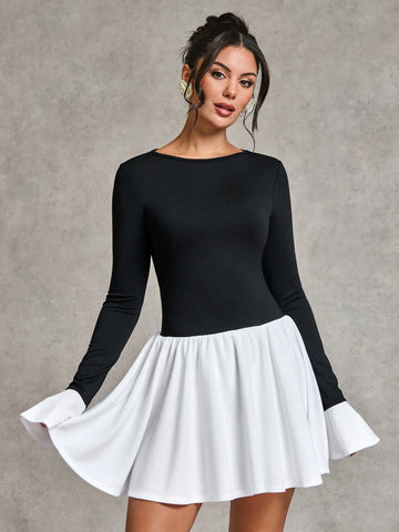 Elegant Black And White Contrast Color Long Sleeve Dress, Suitable For Daily Date, Travel, Nightclub